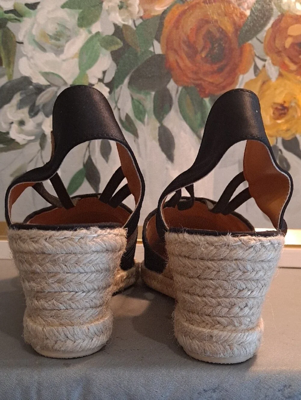VERBENAS Maika Black Espadrille Slingback Wedge Pleated Jute Spain 41